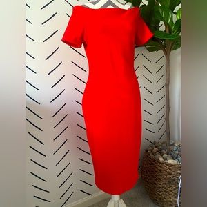 Red Over The Shoulder Semi Formal Midi Dress
